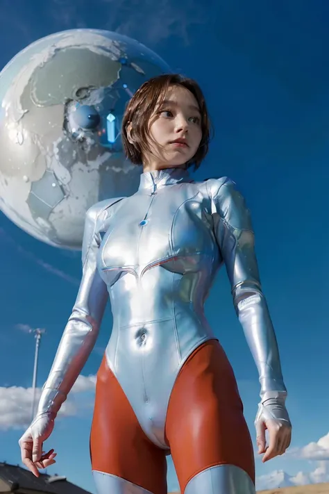 (((blue sky with cloud in background))), Ultraman、realistic、realistic、cinematic lighting, Girl in a shiny red and silver suit、18 years old、professional photo, Japanese model, Japanese cgi、Ultraman Suit、tight and thin cyber suit, Whole body rubbery delicate...