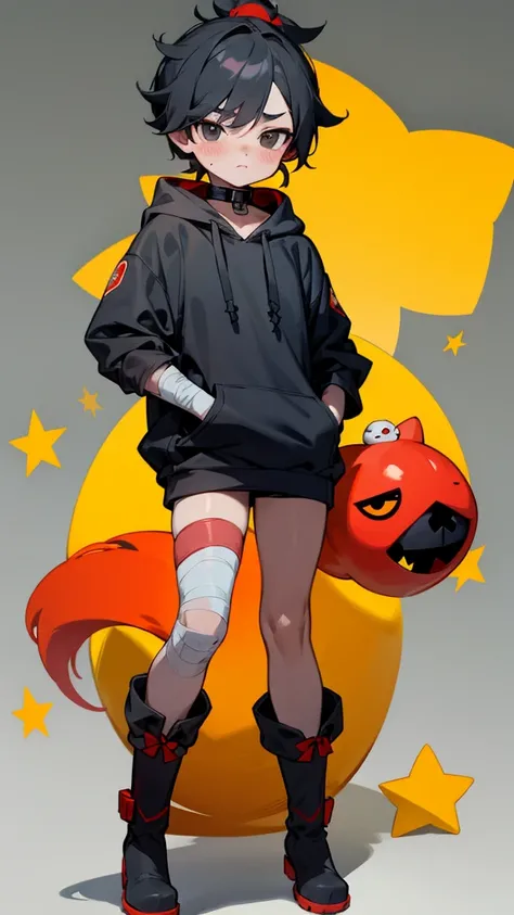 brawl stars, boy, black short hair,mini boy ponytail,blush on the cheeks, black  eyes,dark gray mask on the eyes, red mini bandage around the neck, gray long hoodie, short sleeves, skinny legs, big red boots with yellow stars, seal tail