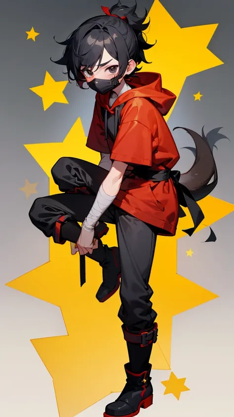 brawl stars, boy, black short hair,mini boy ponytail,blush on the cheeks, black  eyes,dark gray mask on the eyes, red mini bandage around the neck, gray long hoodie, short sleeves, skinny legs, big red boots with yellow stars, seal tail