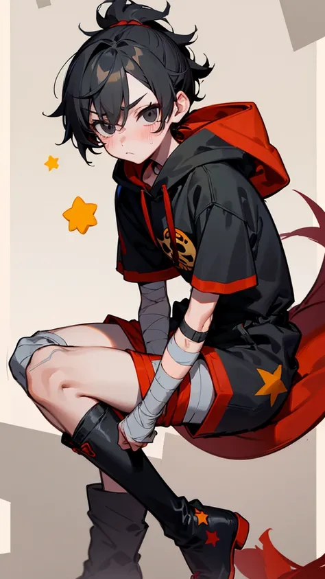 brawl stars, boy, black short hair,mini boy ponytail,blush on the cheeks, black  eyes,dark gray mask on the eyes, red mini bandage around the neck, gray long hoodie, short sleeves, skinny legs, big red boots with yellow stars, seal tail