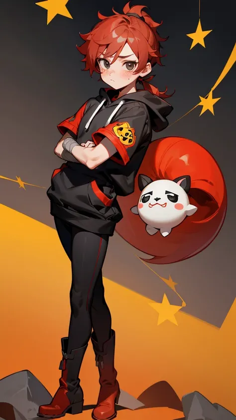 brawl stars, boy, black short hair,mini boy ponytail,blush on the cheeks, black  eyes,dark gray mask on the eyes, red mini bandage around the neck, gray long hoodie, short sleeves, skinny legs, big red boots with yellow stars, seal tail