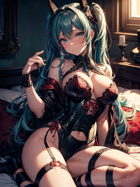 Miku Hatsune, add high definition_detail:1, tribal tattoo add_detail:1,put on the leg, Walking position during full moon showing her beautiful figure and outfit.. (victorian corset) sweaty body add_details:1, smiling add_detailsl:1, ear piercing add_detail...