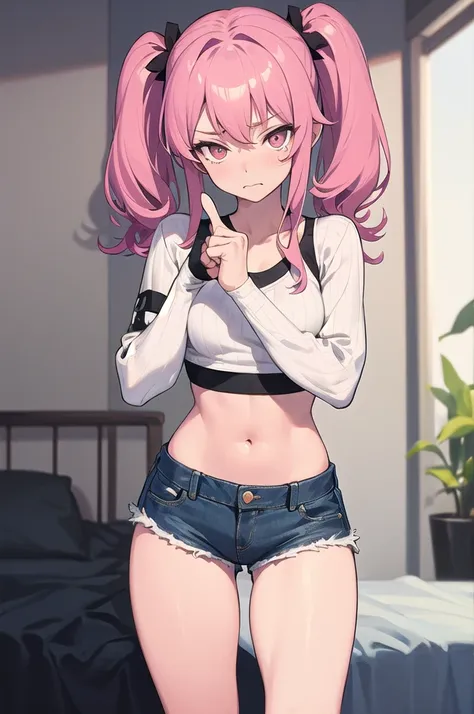 (masterpiece, best quality), 1 girl, pink hair, crop top, denim shorts, bedroom, striped thighs. a person is standing with a moc...