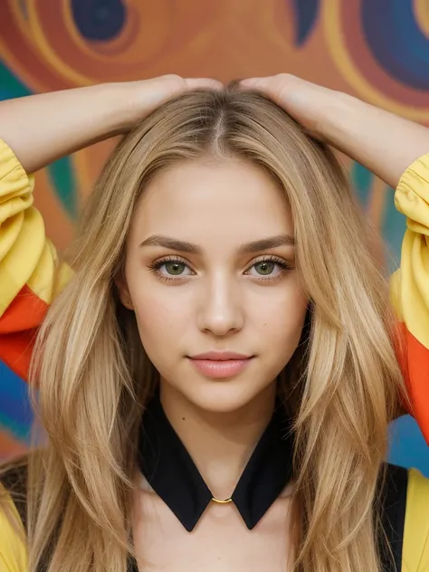 girl with waist-length blonde hair. Oval face. Small and proportional nose with a smooth straight profile with symmetry and naturalness. Large, expressive eyes with a vibrant green color with a penetrating look with long, defined eyelashes. Full and well-d...