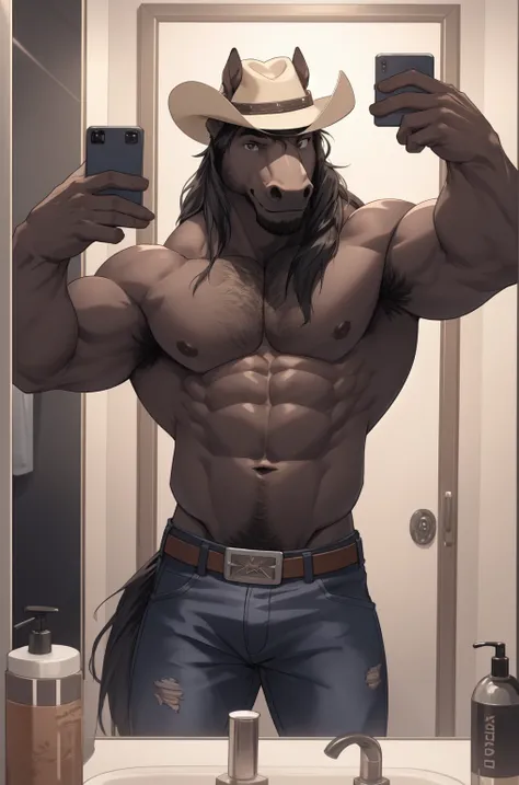 A male horse, brown fur, long black hair, muscular, shirtless, flexing right arm muscle, black hairy armpits, wearing blue jeans, wearing leather cowboy hat, in the bathroom, taking selfies in front of the mirror, happy, sexy, six pack abs, hd 8k 