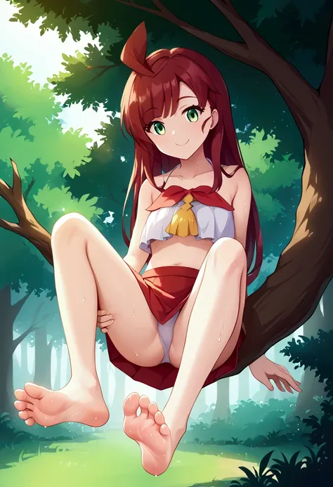 Masterpiece, Best Quality, high resolution, vegetation and trees in the background, A girl, alone, long hair, funny look, sitting at the top of a tree on a branch, smiling, bare shoulders, Red skirt, bare legs stretched and apart, barefoot, soles of feet h...