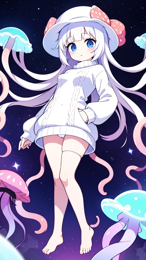 Small woman with breasts who has a jellyfish hat and her hair is jellyfish tentacles, has pale skin almost white as paper, has a white sweater with star and strawberry pins, The sweater is so long, she only wears panties below and long white stockings, as ...