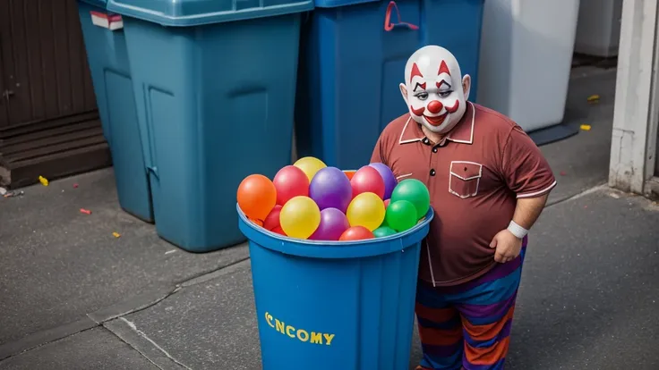 A thin, ugly man clown with big cheeks and big teeth holds a balloon while standing inside a trash can