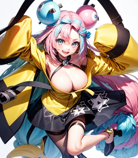 Highest quality、masterpiece、Big Breasts,Pink hair and blue eyes、Yellow Jacket、Please raise your right hand、Lower your left hand、Stand only on your right foot、Raise your left leg。smile、White Background,Nanjamo,No text