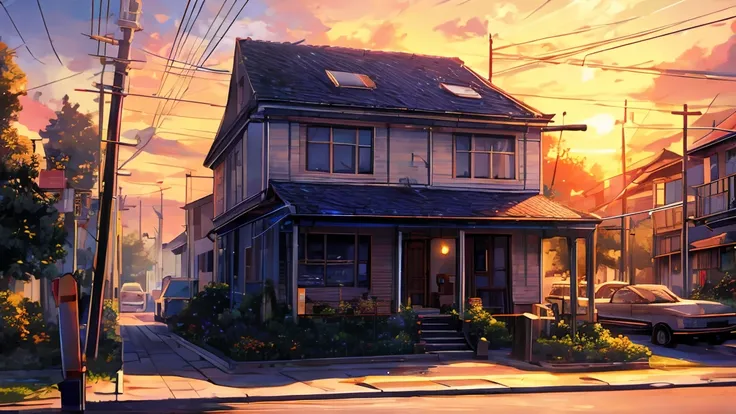 masterpiece, Concept Art, Painting of (Electric pole:1.5) On the street at dusk, Painting, Sylvain Sarail, anime高果糖, telephone wires, GTA Art, Warm sunset, beautiful iwakura, Toon Aesthetics, colorful house, Connection line, animeのスクリーンショット, art &quot;, Mu...