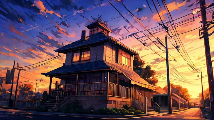 masterpiece, Concept Art, Painting of (Electric pole:1.5) On the street at dusk, Painting, Sylvain Sarail, anime高果糖, telephone wires, GTA Art, Warm sunset, beautiful iwakura, Toon Aesthetics, colorful house, Connection line, animeのスクリーンショット, art &quot;, Mu...