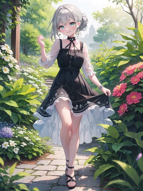 (8k, best quality, master piece: 1.2),super high resolution,1 girl, solo, ((colorshift eyes, hyperdetailed, expressive eyes)), ultra-detailed face, random hair, silver gray color, Ecstatic expression,She is strolling through a botanical garden where colorf...