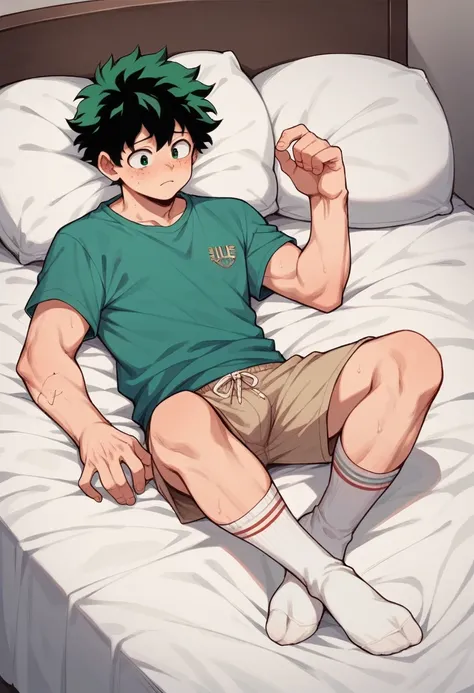 Anime boy Izuku very sweaty dirty white socks laying on bed