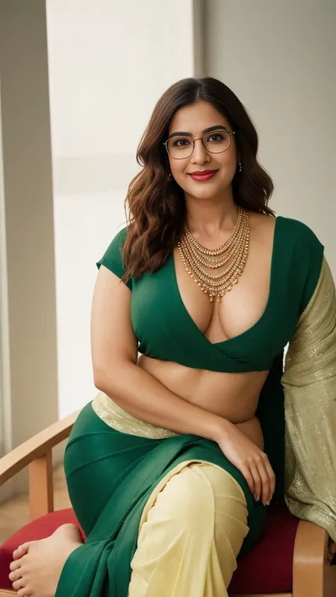 extreme close up photo of naked indian, big cheeks, hourglass figure, curvy, spread wide open legs, lying on chair with wide open legs in office, red lips, nerd glasses,big , necklace, sultry, green saree, look at viewer and subtle smile, (cinematic:1.3), ...