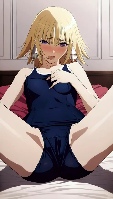 masterpiece,Jeanne d&#39;Arc,Blonde,School Swimsuit,Embarrassed expression,Drooling,Open your vagina,Spread your legs,On the bed