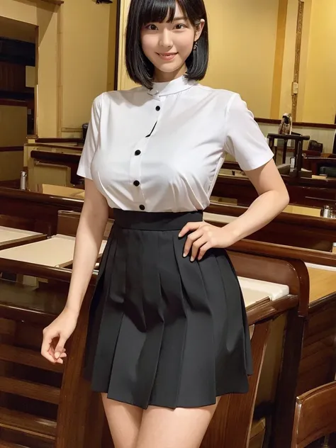 Highest quality、masterpiece、8k、Very detailed、Realistic、(One person:1.2)、Looking at me with a smile、whole body、Black Hair、Short Hair、Small face、Slender、(Very large breasts:1.2)、Thin and beautiful legs、narrow and constricted waist,、(Family Restaurant Uniform...