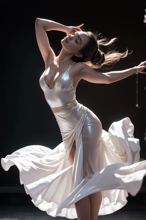 masterpiece: 1.5, dramatic lighting, professional puerto rican and portuguese dancer, mid-performance, white, flowing dress, dar...