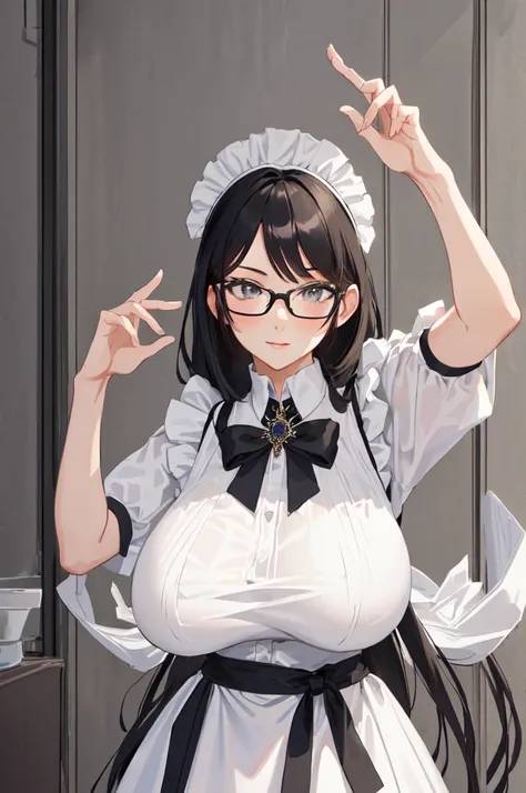 {{masterpiece}},high quality, 4K, 2D, 1 girl,{simple gray background},(attractive mature lady:1.6),milf,standing,sagging breasts,(gigantic breasts:1.5),maid,front face,{{tareme}},attractive mature lady,black hair, {from right in front of face and body},Vie...