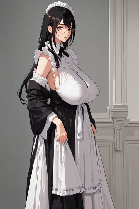 {{masterpiece}},high quality, 4K, 2D, 1 girl,{simple gray background},(attractive mature lady:1.6),milf,standing,sagging breasts,(gigantic breasts:1.5),maid,front face,{{tareme}},attractive mature lady,black hair, {from right in front of face and body},Vie...