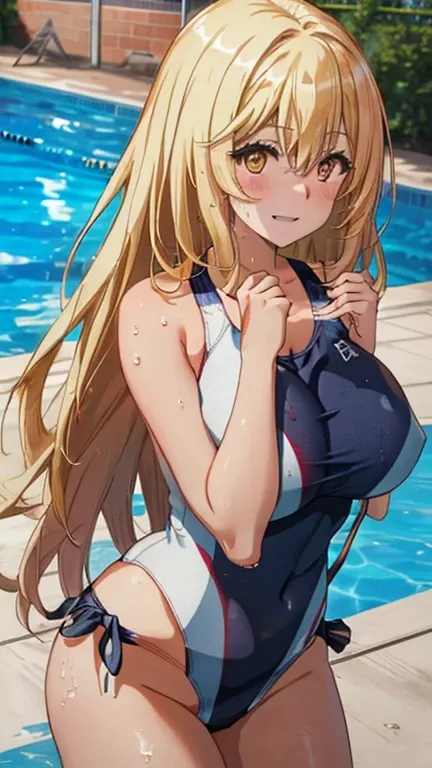 shokuhou_Misaki,+_+,Symbolic Shape_student,blonde_hair,Looking at the audience,blush,Captivating smile,Pool,Poolから出る,Climbing the ladder,(White competitive swimsuit:1.5),(Large Breasts),(Curvy:1.3),(Upper Body:1.3),Open your mouth, Embarrassing ,blush,Wet,...