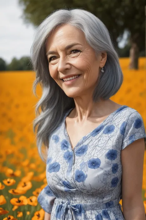 a 60 year old woman, smiling, braided grey hair, loose flowing blue floral print dress, jogging on a poppy field path, transparent stream, sunny atmosphere, beautiful detailed eyes, beautiful detailed lips, extremely detailed eyes and face, longeyelashes, ...