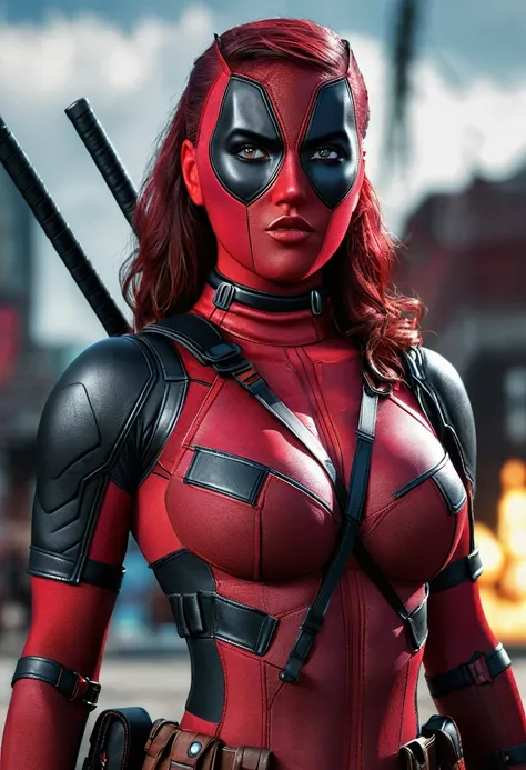 a beautiful female warrior in a deadpool costume, extremely detailed face, beautiful detailed eyes, beautiful detailed lips, unrealistically enormous breasts, unrealistically wide pelvis area, extremely detailed high quality 3D render, cinematic lighting, ...