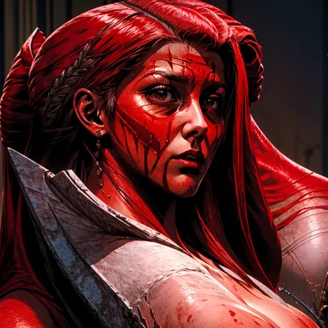 Naked,large breasts,looking at her side profile,beautiful face,bloody,red skin,rising from her tomb