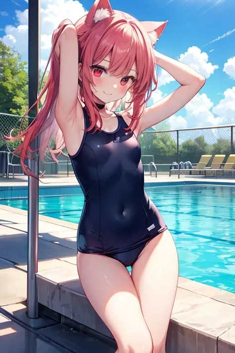 Red hair，Red eyes，Cat ears，girl，Girl，Small breasts，Long Hair，straight，Lolita，Small breasts，Bright smile，Looks like 13 years old，Petan Musume，short，目のhighlight，Sexy thighs，Wear a school swimsuit，Please show me your armpits，Your eyes are so beautiful，highlig...