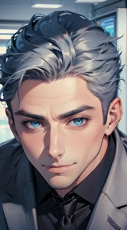 (best quality,4k,8k,highres,masterpiece:1.2),ultra-detailed,(realistic,photorealistic,photo-realistic:1.37),1 man,31 years old,mature man,very handsome,without expression,smile,short grey blue hair,blue eyes,penetrating gaze,perfect face without errors,imp...