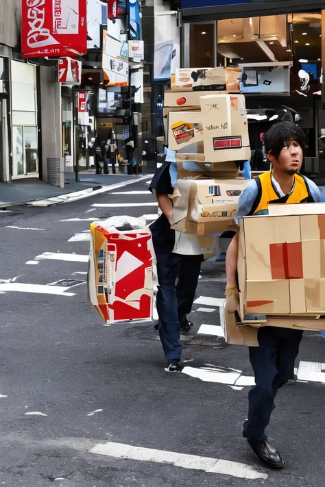 a delivery man is carrying a package、in town、shibuya　24k highest quality、masterpiece