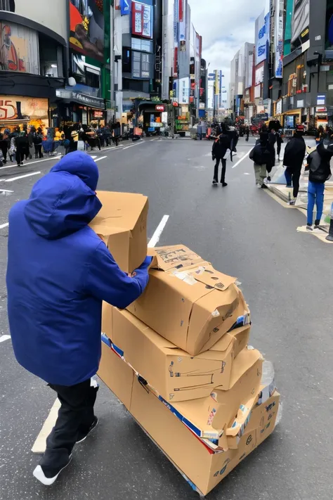 a delivery man is carrying a package、in town、shibuya　24k highest quality、masterpiece