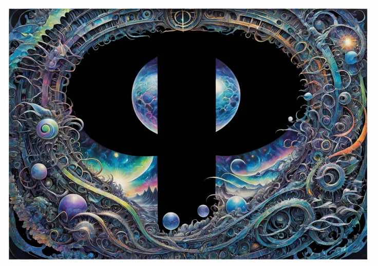 close-up of a colorful image of the qp symbol in a futuristic style in the form of ((fantastic fresco)) in the (hans giger style...