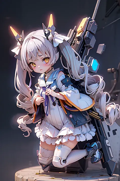 (Highest quality)), ((masterpiece)), (Very detailed: 1.3), 3d, {(One Girl)}, (Navy blue bloomers and、Wear a white gym suit with colored hems underneath the armor:1.2),(((Yellow Eyes)))、(((Light purple hair)))、(((Twin tails long enough to reach the ground))...