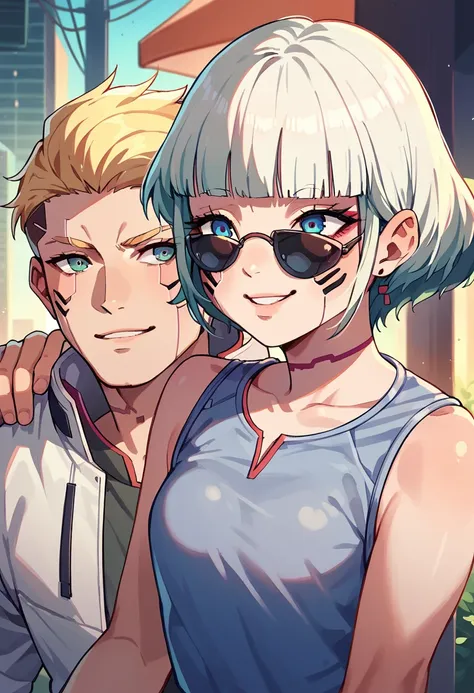 boy with white hair and blue eyes, wearing dark sunglasses, next to a girl with blonde hair and green eyes, hugged, happy couple...