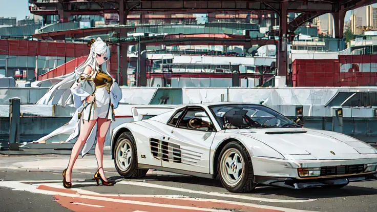 1girl, solo, full body, wide shot, ningguang_genshin, ningguang from genshin impact stands next to her white car, white outfit, ...