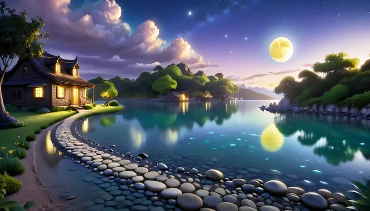 a beautiful calm and peaceful lagoon that reflects the brightness of the stars and moonlight, the stars and the moon have a yell...