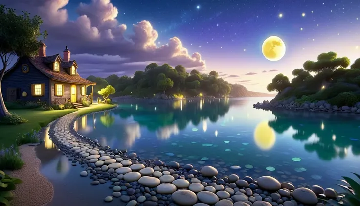 a beautiful calm and peaceful lagoon that reflects the brightness of the stars and moonlight, the stars and the moon have a yell...