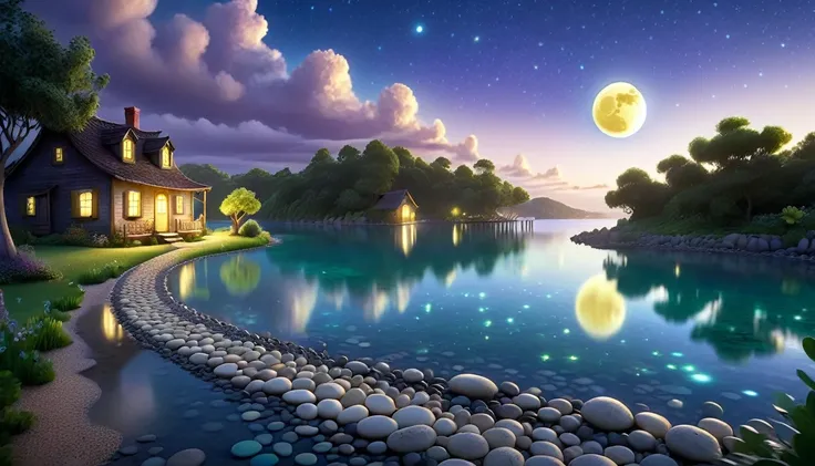 a beautiful calm and peaceful lagoon that reflects the brightness of the stars and moonlight, the stars and the moon have a yell...