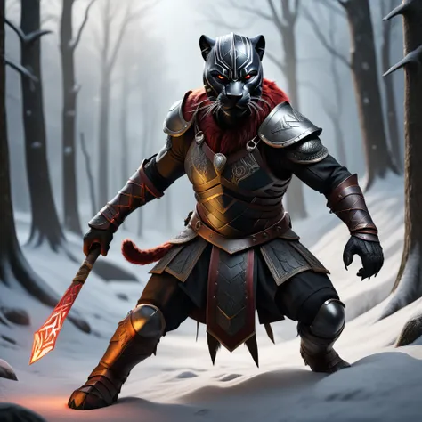 ((Angry anthropomorphic black panther female wearing epic Viking armor with runes and helmet )), (Red glowing eyes) ,RAW Photos, (The spectacular icy landscape of Jotunheim),(Fighting Frost Giants) masterpiece, Nordic, cigarette, 最high quality, Dynamic Pos...