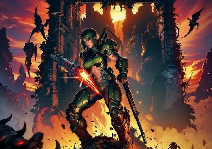 Warrior woman, 1girl, sexy, big breast, shooting monsters in hell, doom armor, no helmet, long hair, hell background, demons, sexy girl, showing armpits, fighting in hell with demons, full body. Wallpaper, big weapons, a lot of monsters attacking, inferno ...