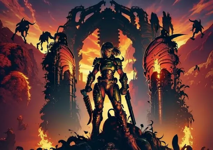 Warrior woman, 1girl, sexy, big breast, shooting monsters in hell, doom armor, no helmet, long hair, hell background, demons, sexy girl, showing armpits, fighting in hell with demons, full body. Wallpaper, big weapons, a lot of monsters attacking, inferno ...