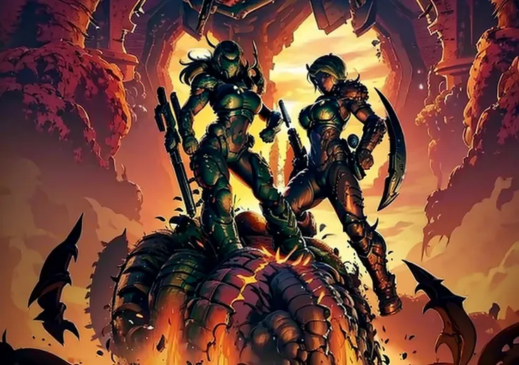 warrior woman, 1girl, sexy, big breast, shooting monsters in hell, doom armor, no helmet, long hair, hell background, demons, se...