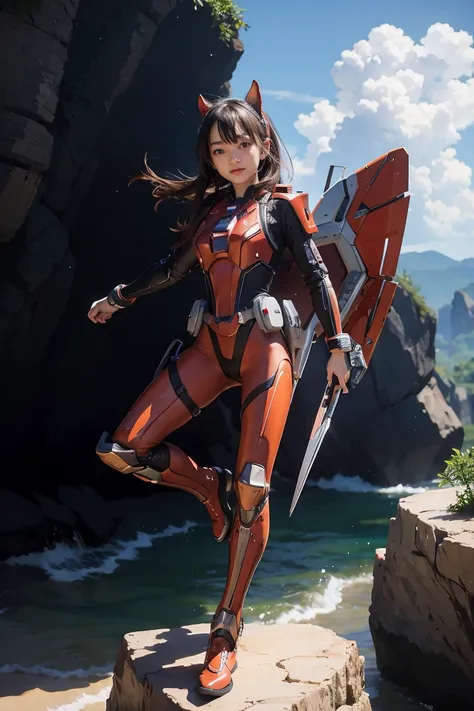 1girl, absurd resolution, high resolution, (masterpiece: 1.4), hyper-detail, a mech, red armor with cybernetic red wings, floati...