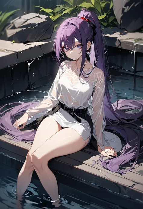 1 girl, top quality, masterpiece, expressionless, beautiful, big eyes, dark purple hair, ponytail, red jewel, black belt, sitting, water