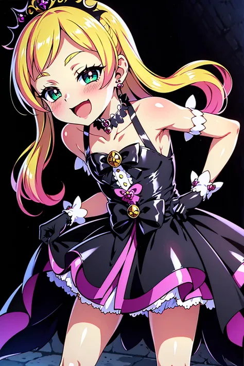 cure flora, 1girl, solo, blonde hair, black hair ornament, (gothic lolita:1.3), black long skirt, black tiara, wrist cuffs, blac...