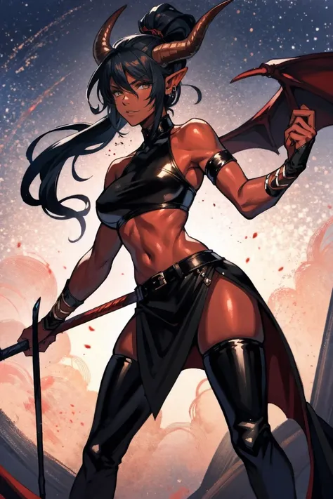 Red skin succubus tiefling, medium breasts, black horns, wings, huge tail, black leather, crop top, long flowing pelvic curtain, tall, toned, graceful, thin, long black ponytail. Action scene, whip. Dark scene, explosions, night sky.