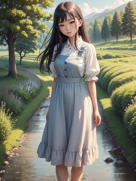 picturesque countryside, there is a fascinating oil painting depicting shizuka, a lovely country girl. she is depicted in a beau...