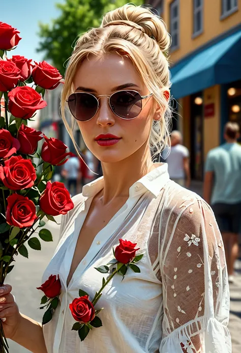 detailed portrait of a beautiful woman walking down the street holding a bouquet of red roses, her blonde hair is tied up in a m...