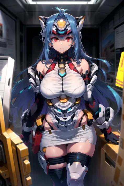 masterpiece,best quality,1girl,kos-mos,android,blue hair,red eyes,forehead protector,leotard,thighhighs,elbow gloves,bare shoulders,huge breasts,wide hips,thick thighs,expressionless,standing,crossed legs,POV,