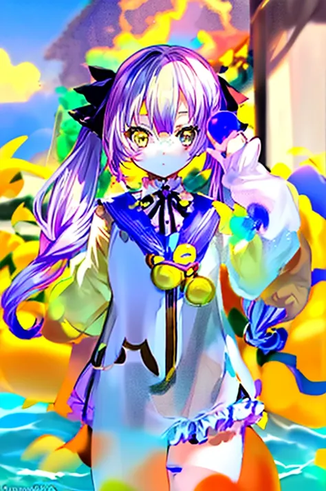 one girl、swimwear、bikini、(((young face))),((short))、(((round face)))、(((yellow eyes)))、(((light purple hair)))、((twin tails long...